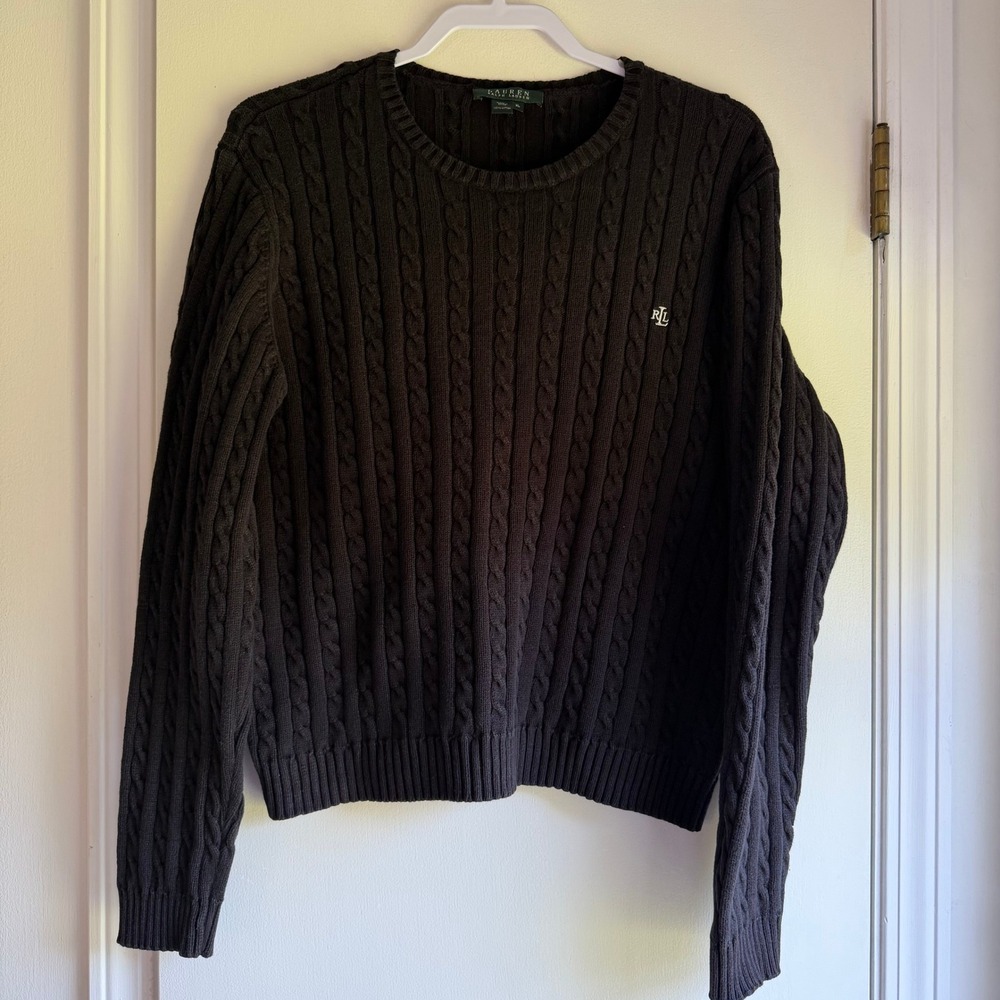 Lauren Ralph Lauren Black Cable Knit Cotton Crew Neck Sweater XL